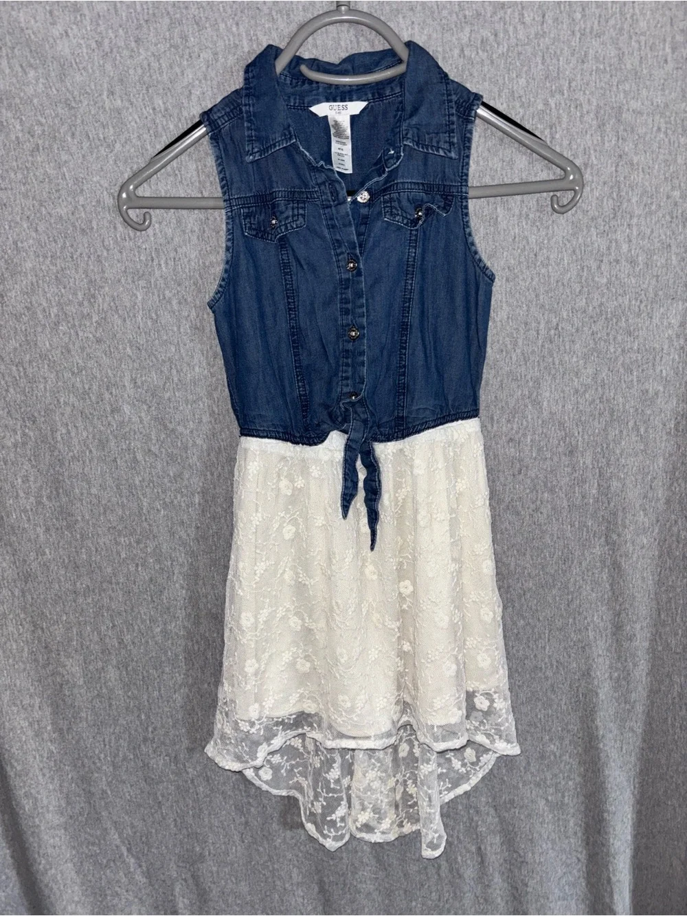 Guess Kids Denim & Lace Sleeveless Dress Blue and White